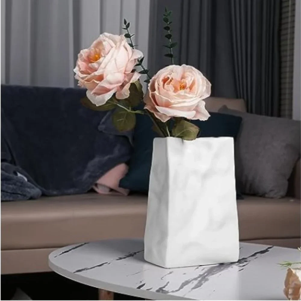 Crinkle Paper-Bag Shaped Ceramic Vase  (Matte White)